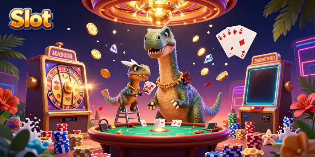Spin the slot reels for exciting wins with dinosaurs in this vibrant casino scene.