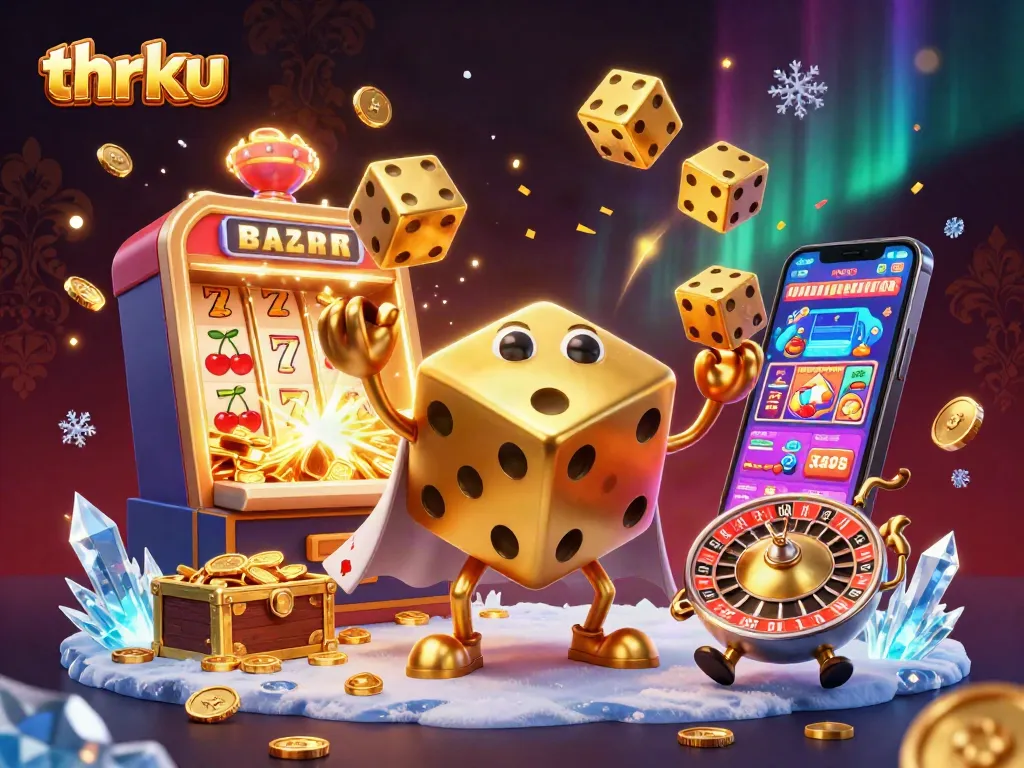 Engage in thrilling gameplay on thrku with a dynamic 3D illustration featuring golden dice and a jackpot explosion.