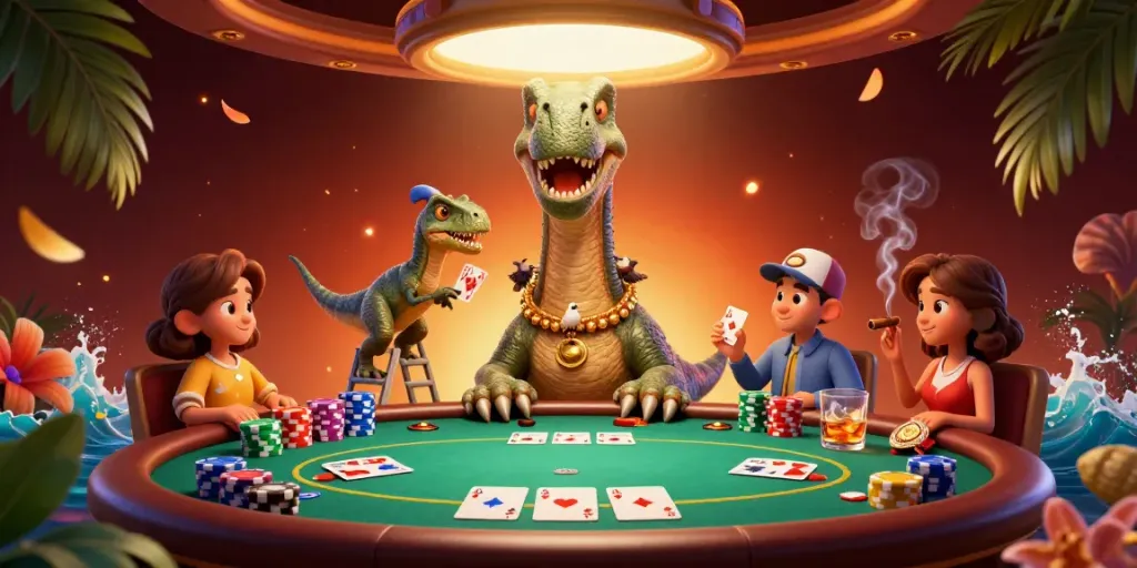 Engage in thrilling poker at fc88, featuring vibrant characters and a rich casino ambiance.