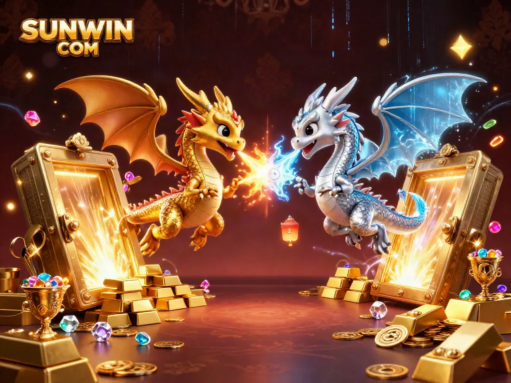 SUNWIN COM showcases twin dragons breathing fire and ice with treasure elements for an enchanting casino scene.