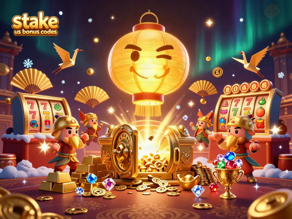 Win with stake us bonus codes in an exciting 3D casino scene full of vibrant treasures.