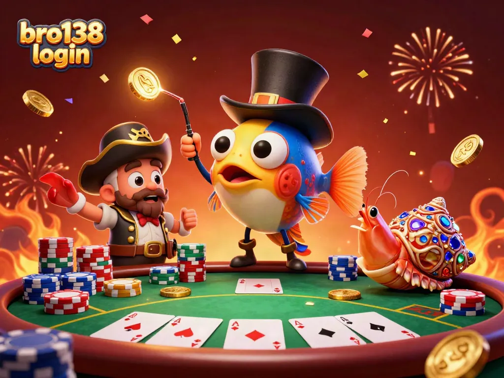 Engage in thrilling gaming experiences with bro138 login, featuring a dynamic 3D scene of vibrant characters around a poker table.