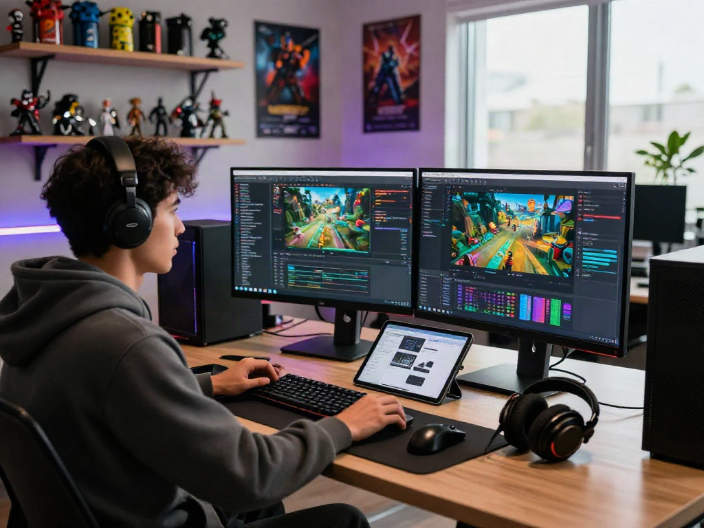 Gaming developer focusing on go8 interface in a modern workspace.
