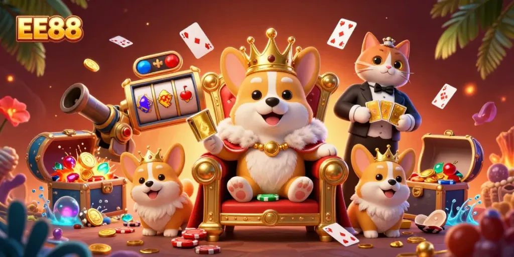 Engage with EE88's dazzling royal casino scene featuring corgis and gold treasures.