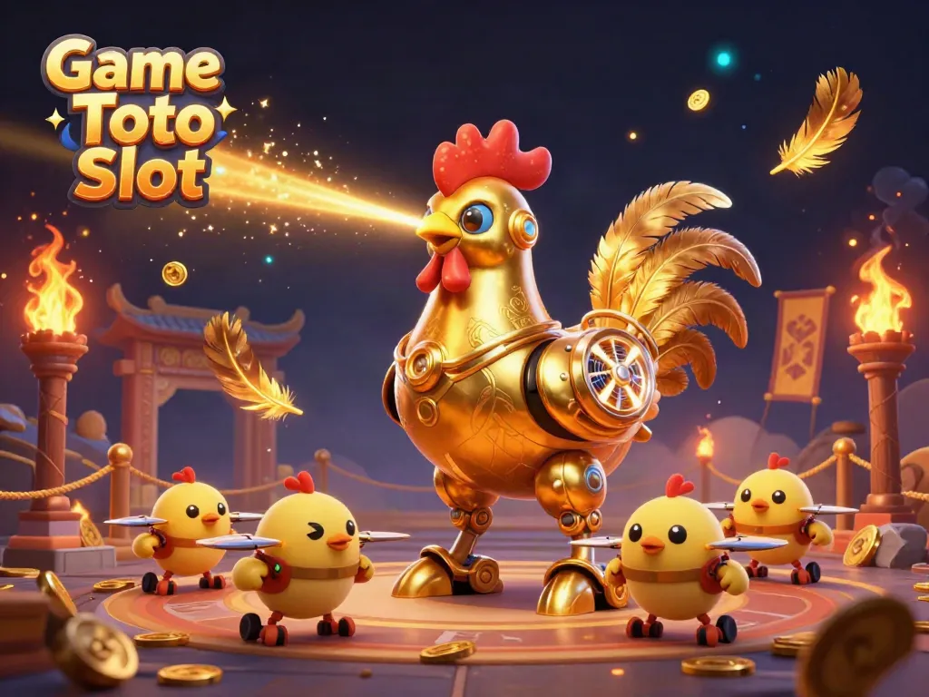 Menggandakan pengalaman bermain Game Toto Slot dengan ilustrasi 3D robot ayam emas futuristik yang dinamis.