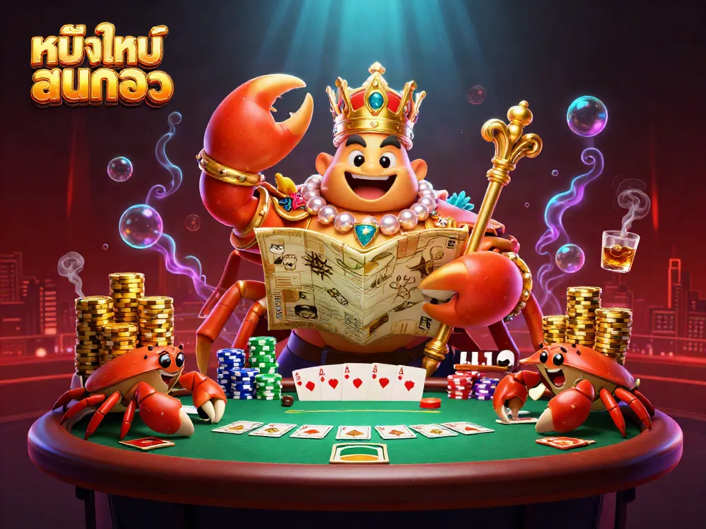 Experience immersive fun with หนังใหม่ชนโรง, featuring a vibrant crab emperor and lively poker scene.