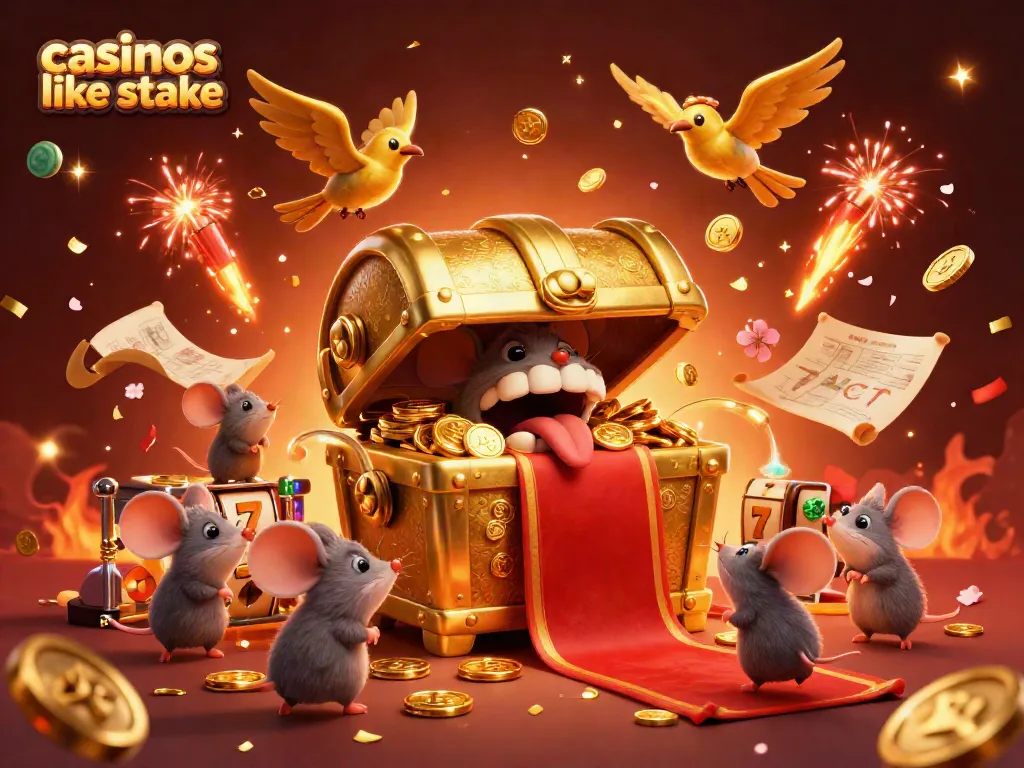 Adventurer mice discovering riches in casinos like stake with gold coins, fireworks, and slot reels