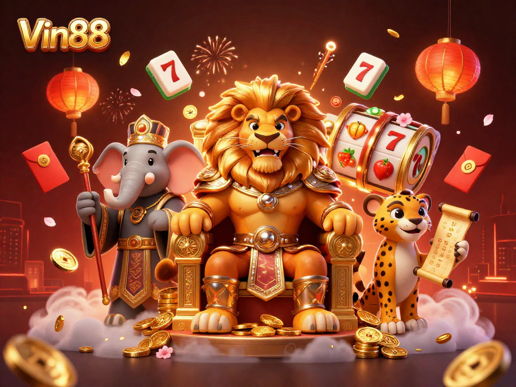 Experience thrilling Vin88 casino adventures with a lion king, elephant, and cheetah amidst slots and festive elements.