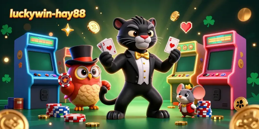 Engaging gaming scene with luckywin-hay88 characters at a vibrant casino table, showcasing excitement and strategy.