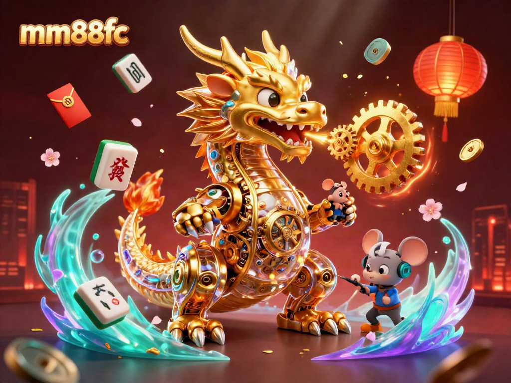 Experience mm88fc excitement in this dynamic 3D casino illustration featuring a golden dragon and vibrant game elements.