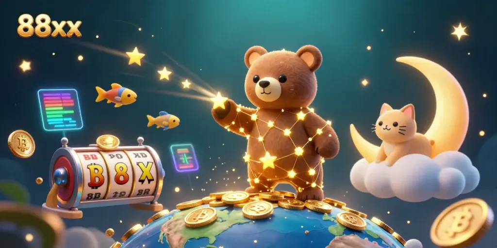 Experience the magic of winning at 88xx with a cosmic bear scooping coins amidst vibrant casino elements.