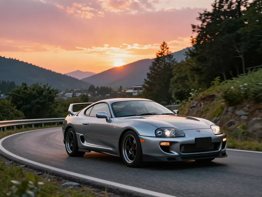 A80 platform showcased with a Toyota Supra driving on a scenic mountain road at sunset.