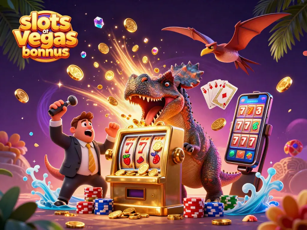 Win big with slots of vegas bonus codes illustrated by a cartoon dinosaur and golden coins.