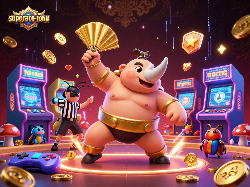 Experience excitement in superace-nohu as a beetle champions coins flying in a vibrant gaming casino.