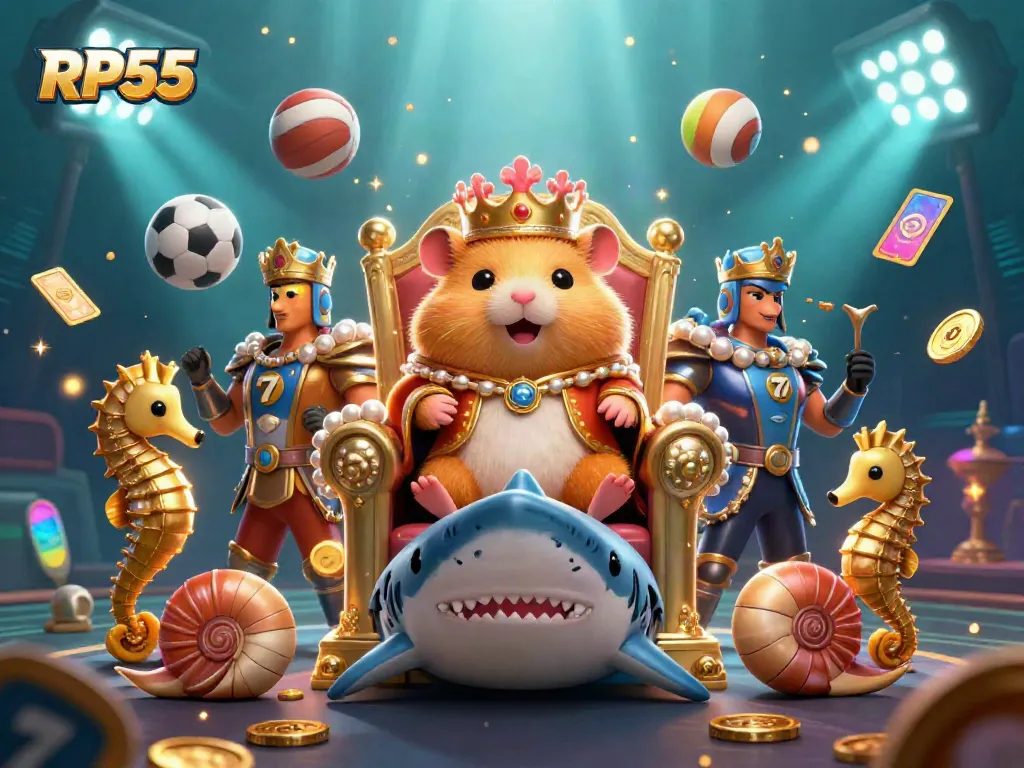 Experience the excitement of RP55 in this vibrant undersea gambling world featuring a hamster king and slot elements.