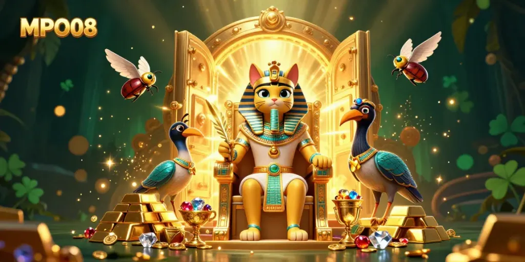 Experience MPO08's vibrant casino adventure with an Egyptian pharaoh cat and treasures galore.