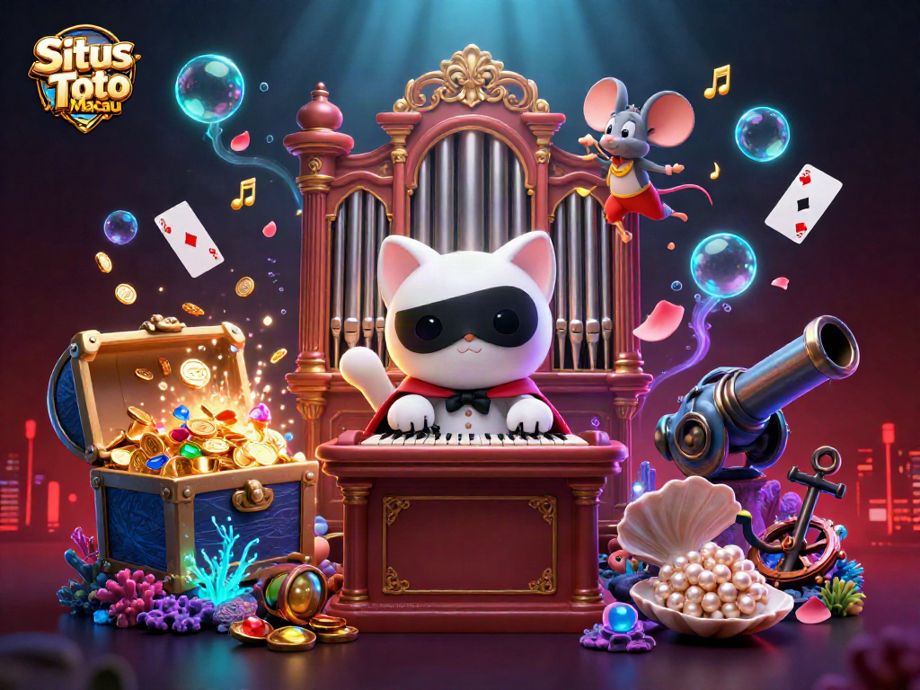 Situs Toto Macau presents a vibrant 3D illustration of a casino-themed scene with unique characters and colorful elements.
