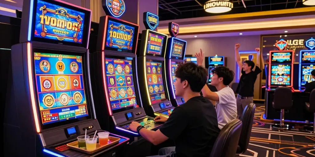 Exciting scene highlighting slot gacor hari ini at a vibrant casino game, showcasing joy and gaming experience.
