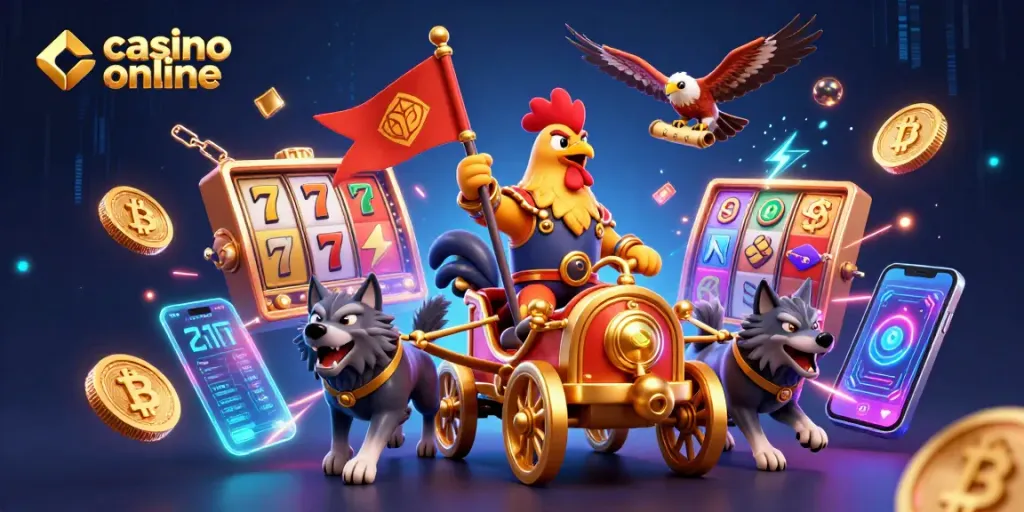 Menangkan permainan di casino online dengan ilustrasi 3D karakter dan elemen berwarna cerah yang menarik.
