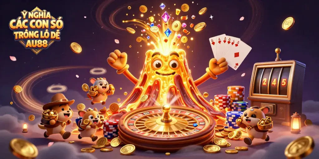 Win big with Ý NGHĨA CÁC CON SỐ TRONG LÔ ĐỀ AU88 as characters and coins cascade joyfully in this 3D scene.
