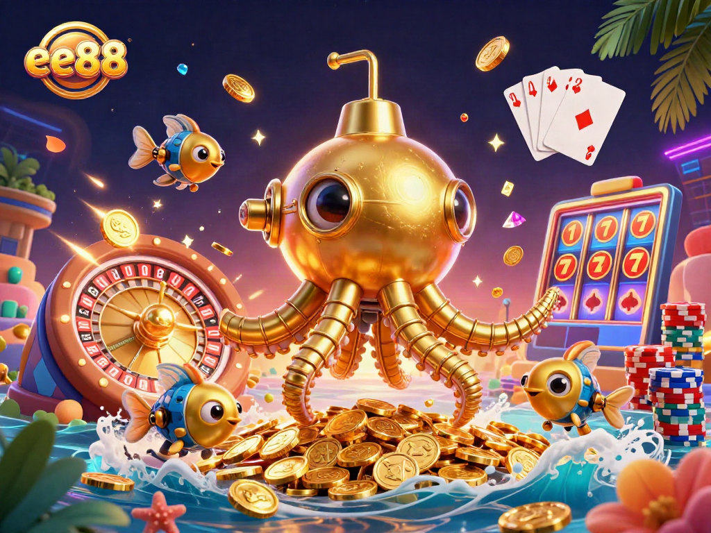 ee88 brings thrilling action with a golden kraken submarine amidst casino treasures.