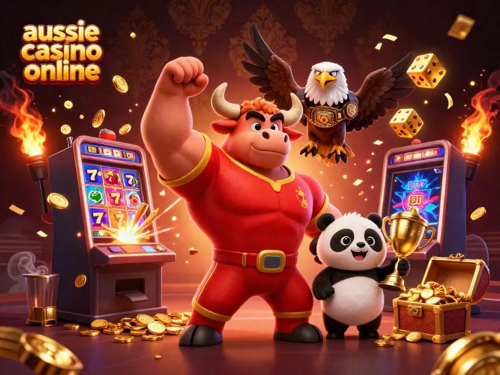 Experience winning moments at aussie casino online with a victorious bull, eagle, and panda surrounded by slot excitement.