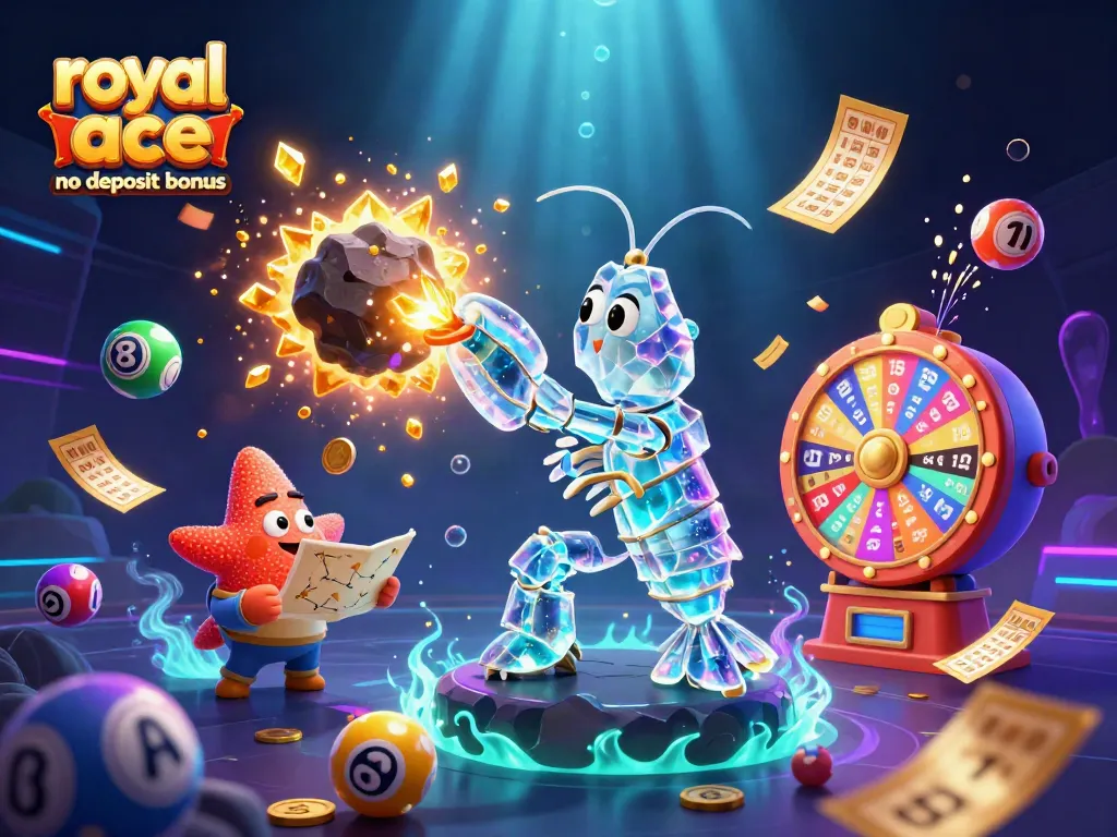 Claim the royal ace casino no deposit bonus with vibrant visuals of exciting game elements and energetic characters.