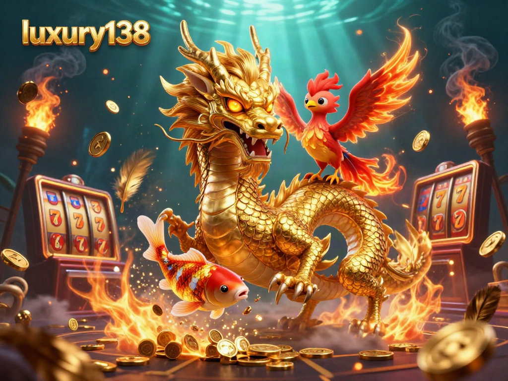 Visualisasi judi online luxury138 dengan naga emas berkilau, phoenix merah, dan ikan koi melompat.