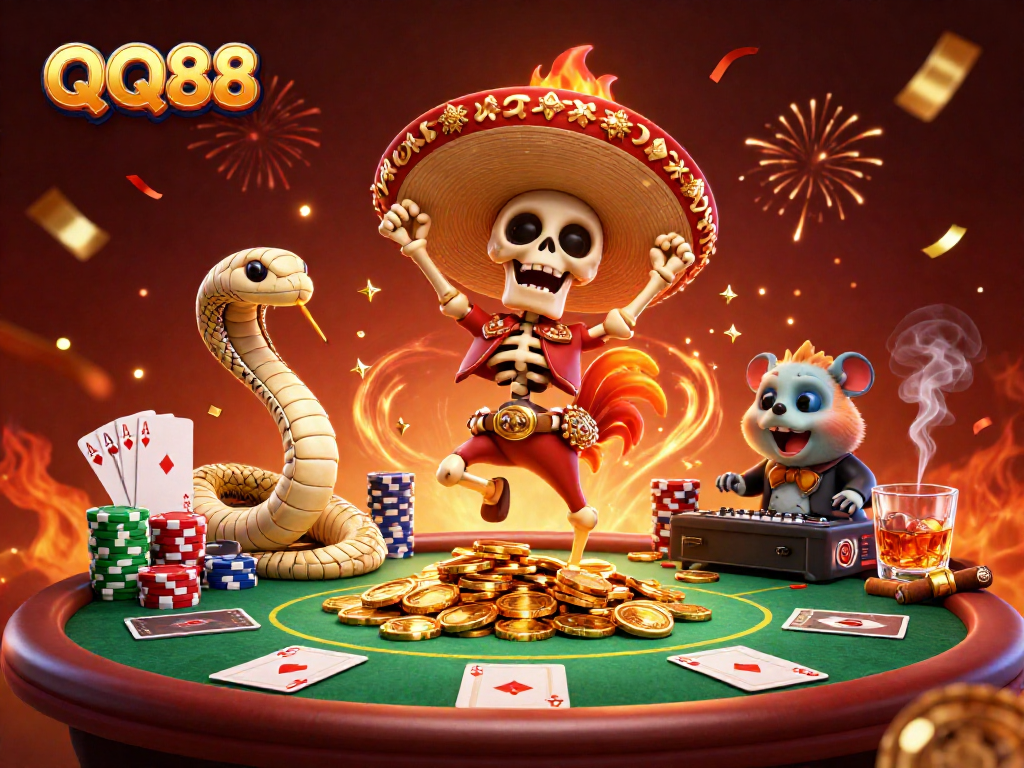Experience thrilling casino action at QQ88 with vibrant, detailed characters celebrating wins.