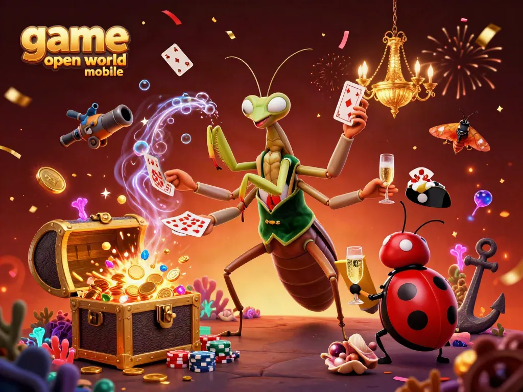 Permainan open world mobile dengan karakter kasino unik seperti jari mantis dan ladybug pit boss.