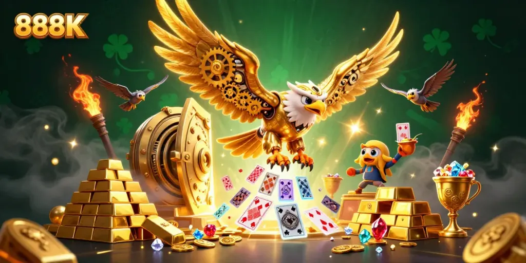 Engage with the thrilling world of 888K casino, featuring vibrant characters amidst rich treasure and gaming elements.