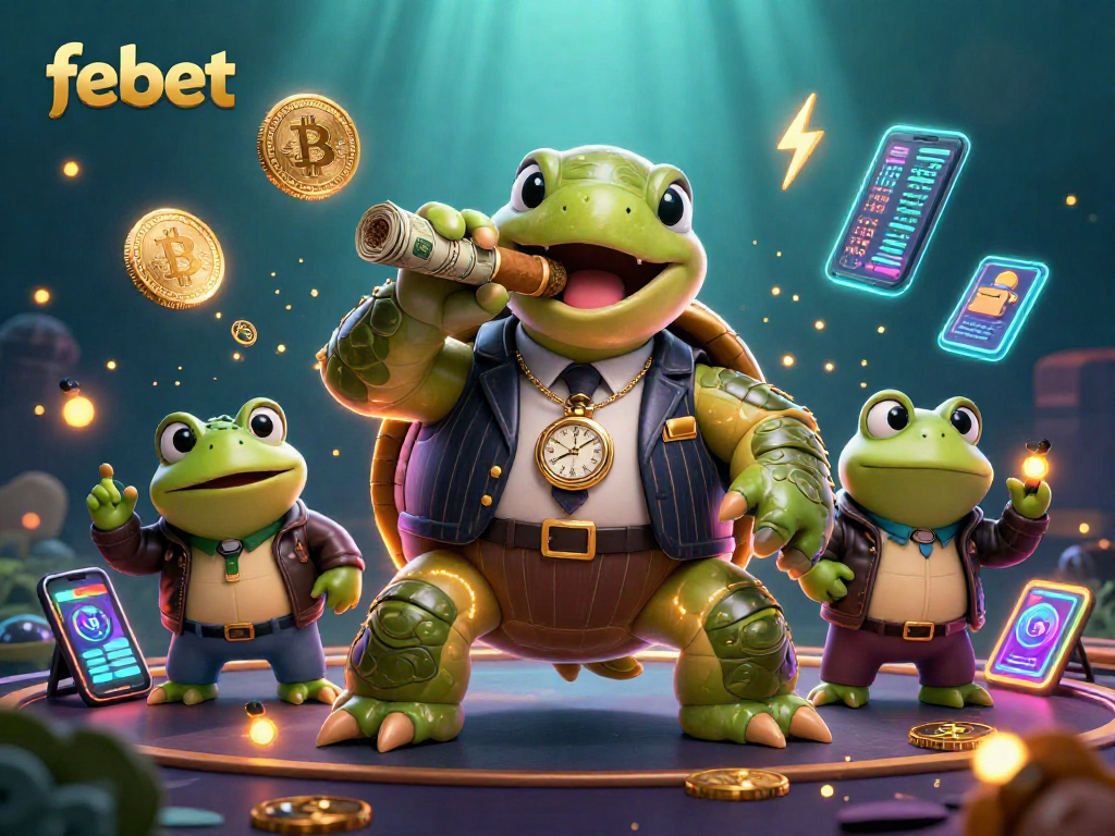 Win big at febet with a vibrant 3D casino scene featuring a snapping turtle and bullfrog enforcers.