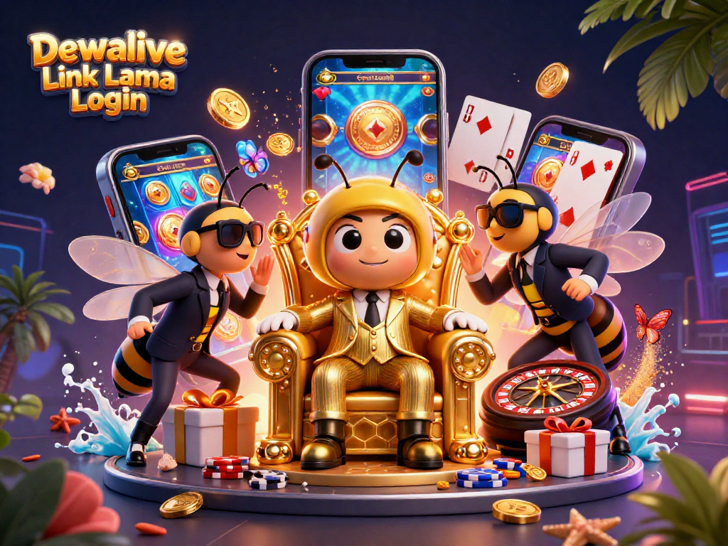 Dewalive Link Lama Login showcases a vibrant 3D illustration of a bumblebee mob boss surrounded by casino elements, enhancing the gaming atmosphere.