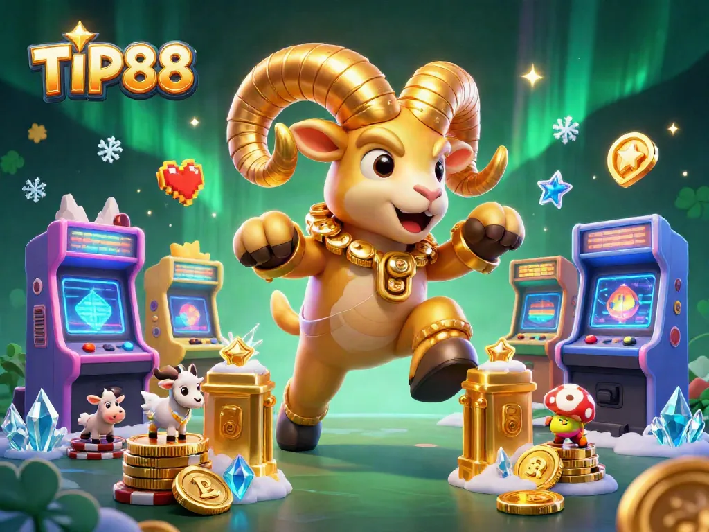 Experience TIP88 as a golden ram charges through a vibrant casino scene with arcade games and glowing elements.