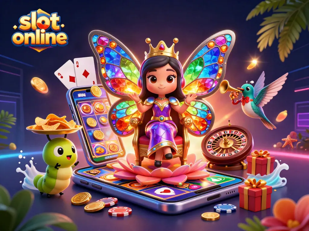 Experience slot online excitement with a vibrant scene of a butterfly queen amid slots and chips.