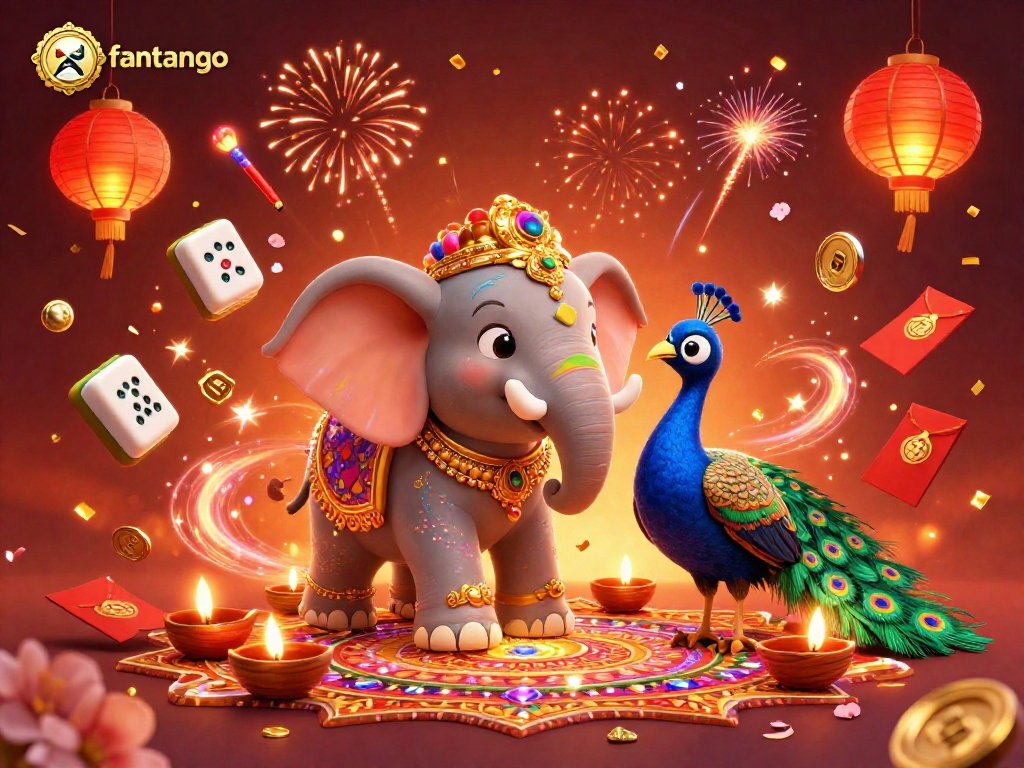 Experience the world of fantango with a vibrant Diwali-themed elephant and peacock, showcasing dynamic casino elements.