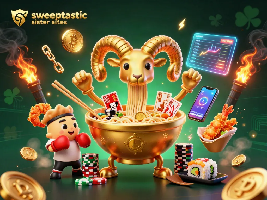 Engage with sweeptastic sister sites in a lively 3D casino scene featuring themed characters and crypto elements.
