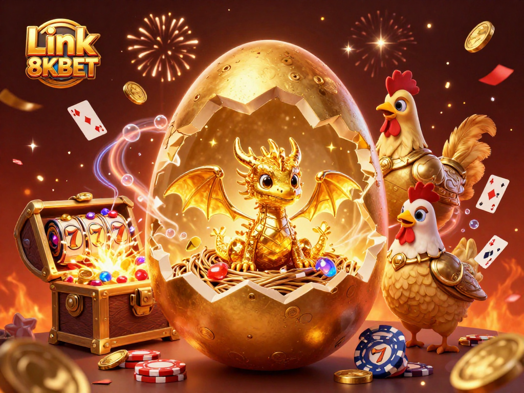 Experience Link 8KBET with a golden dragon amidst vibrant casino elements and celebrations.