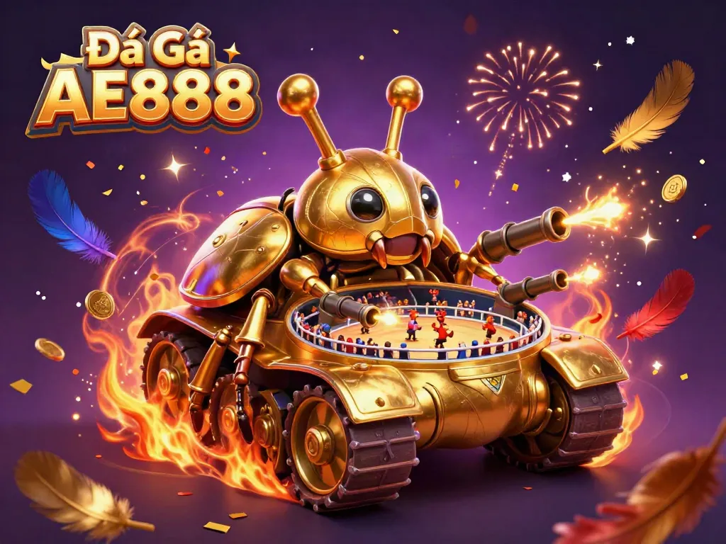 Engage in Đá Gà AE888 betting action with a vibrant 3D illustration of a golden beetle tank showcasing a cockfighting arena.