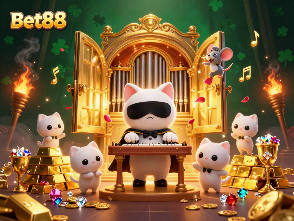 Bet88 showcases a captivating casino scene with cartoon characters, treasures, and vibrant gaming energy.