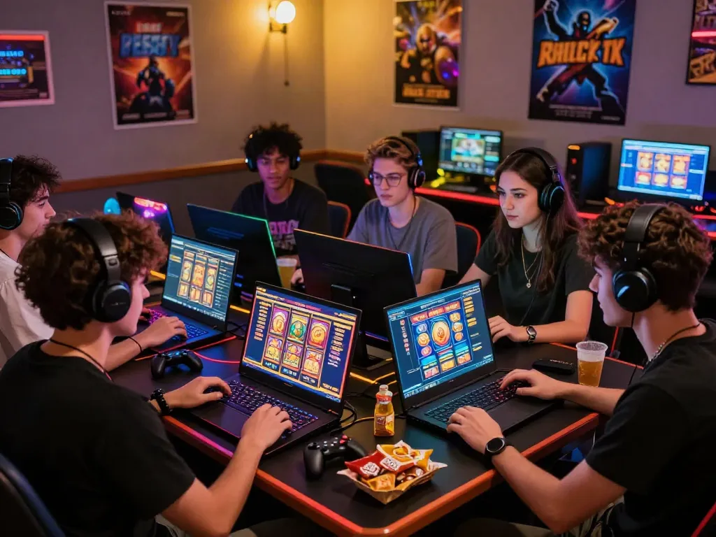 Group enjoying akunjp online gaming with vibrant slot games and snacks