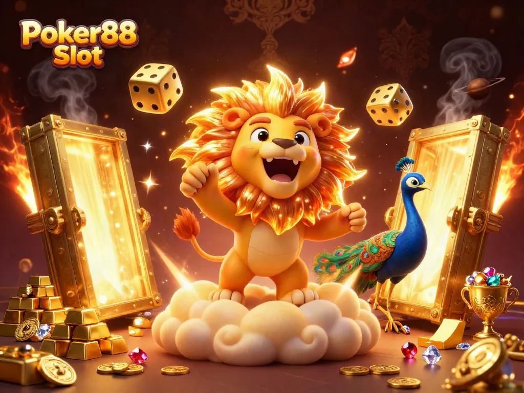 Engage with Poker88 Slot through an exhilarating, vibrant 3D casino scene filled with golden treasures and animated characters