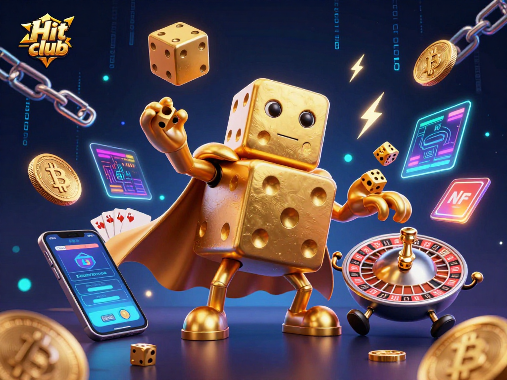 Engage with Hit club as the golden dice golem tosses dice in a vibrant 3D casino scene.