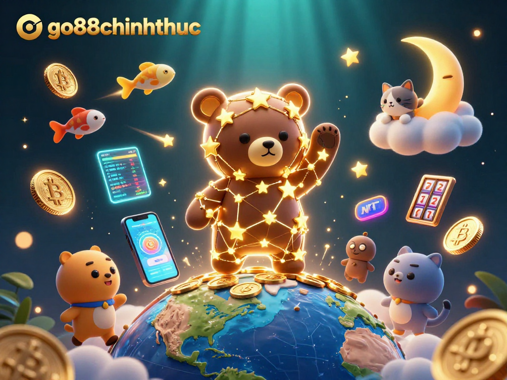 Engage with go88chinhthuc for thrilling casino fun highlighting slot reels, crypto coins, and dynamic characters.