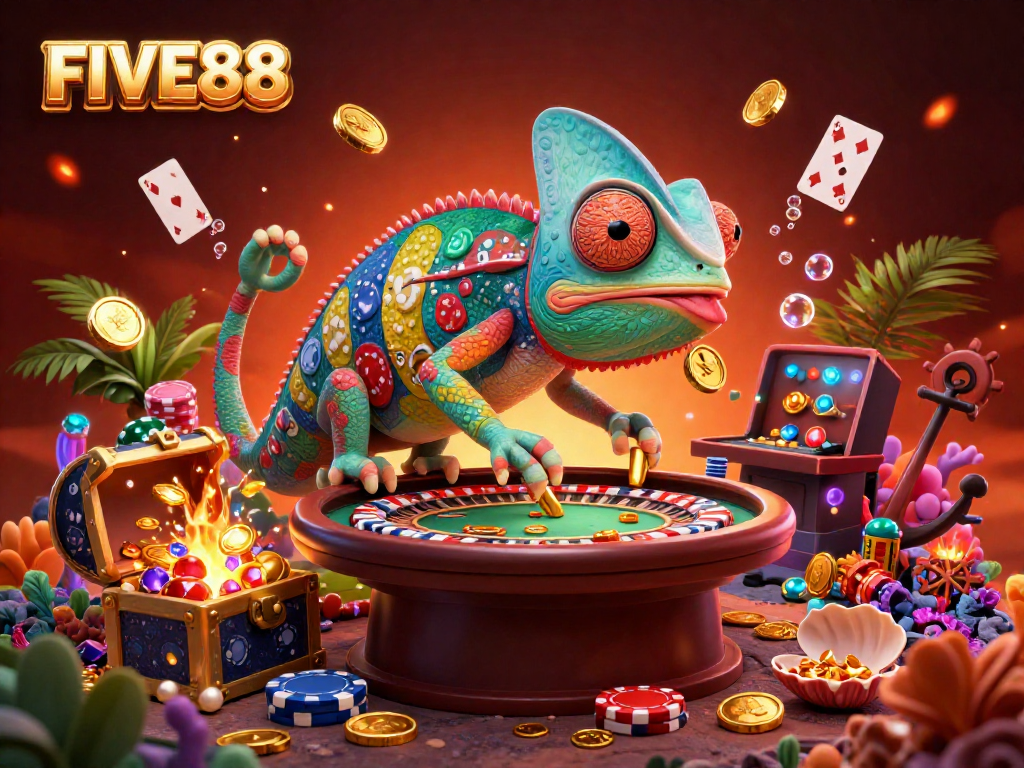 Experience the thrill of FIVE88 with the chameleon casino owner in a dynamic underwater scene, capturing the essence of gaming.