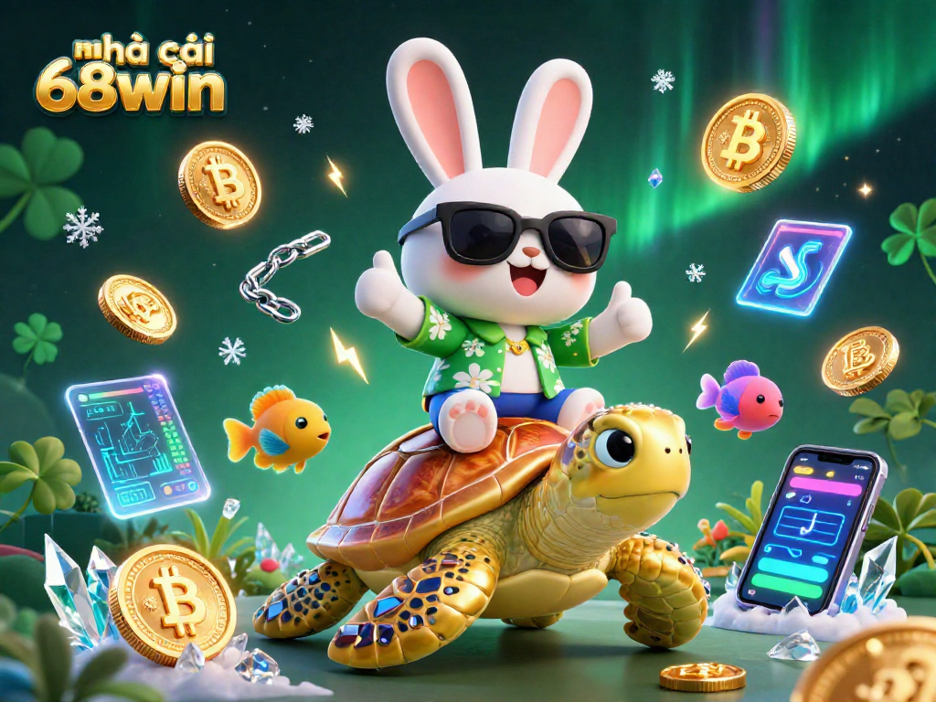 Explore the dynamic world of nhà cái 68win with a lively rabbit and turtle amidst vibrant casino elements.