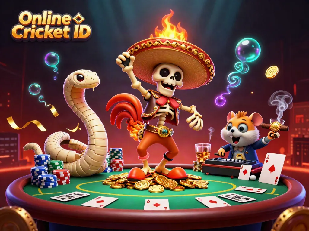 Engage in thrilling Online Cricket ID betting with vibrant 3D casino characters and dynamic gaming elements.
