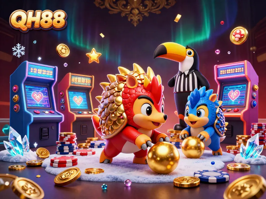 Join the QH88 thrills with rival pangolins rolling through poker chips in a vibrant casino scene
