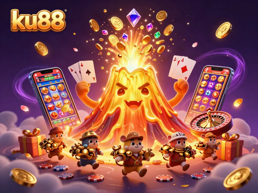 ku88 unleashes excitement with vibrant casino elements in a dynamic 3D illustration.
