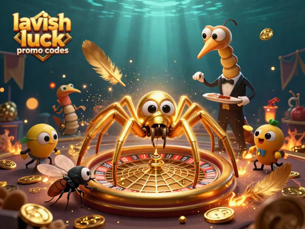 Engage with lavish luck promo codes as the golden spider spins roulette-themed web, setting a thrilling casino scene.